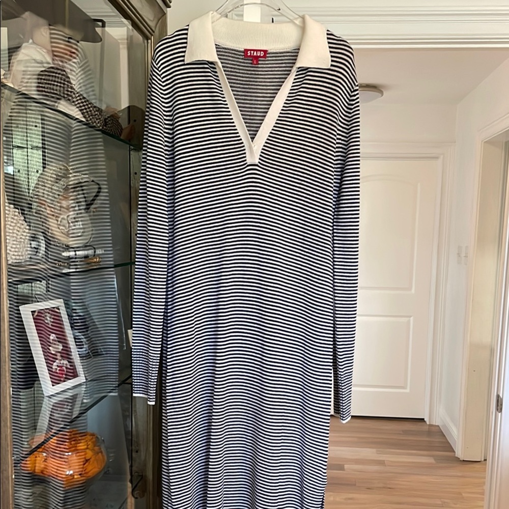 STAUD Blue and White Long Sleeve Polo Dress